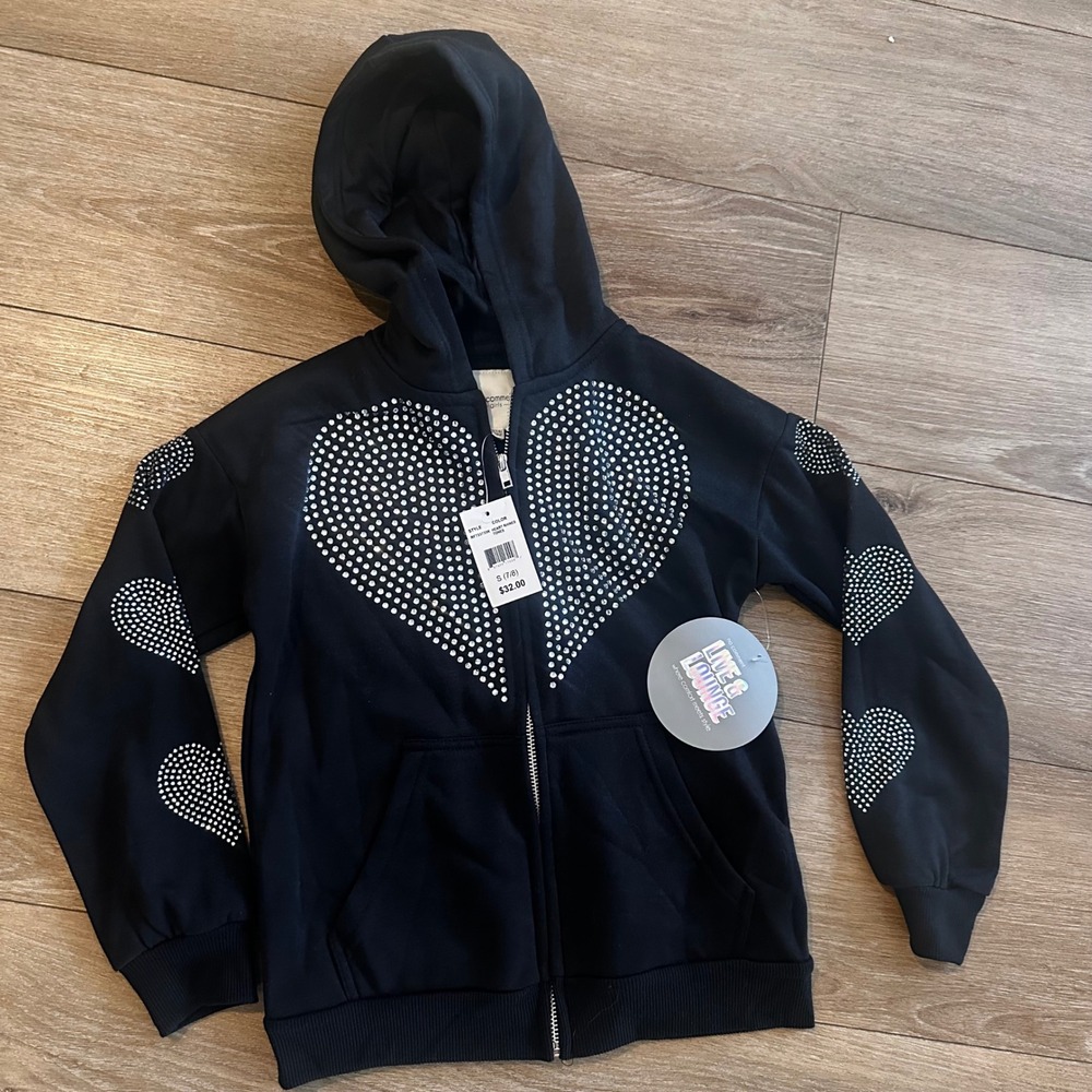 No Comment Girls Black Rhinestone Heart Zip Up Hoodie Sweatshirt NWT